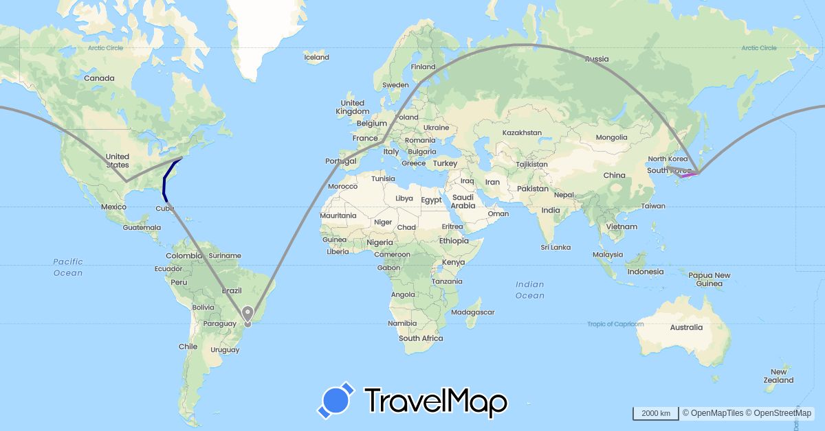 TravelMap itinerary: driving, plane, train in Brazil, Finland, Italy, Japan, South Korea, Portugal, United States (Asia, Europe, North America, South America)